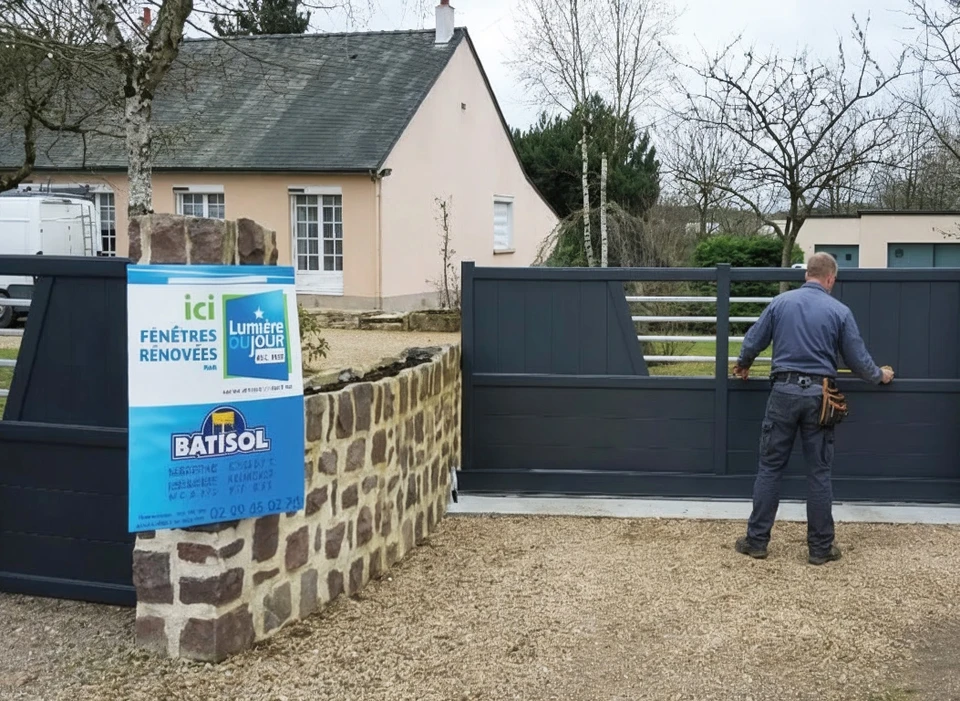 Jeune artisan souriant dans son atelier de menuiserie, portant tablier de cuir et ceinture &agrave; outils garnie