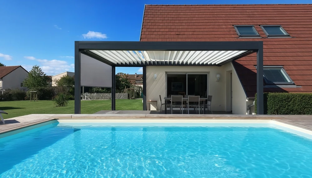 Portail coulissant moderne en aluminium anthracite installé entre piliers en pierre naturelle sur allée gravillonnée