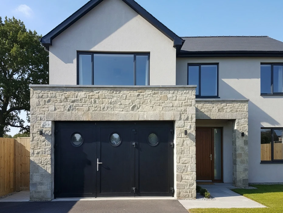 Extérieur d'un bâtiment en pierre avec grande porte d'entrée métallique moderne à trois vantaux