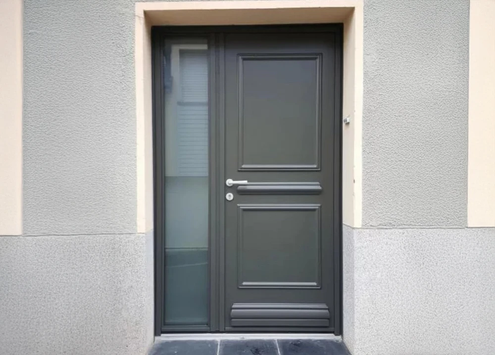 Façade extérieure d'une maison en pierre traditionnelle avec trois ouvertures équipées de volets battants en bois naturel et portes-fenêtres vitrées